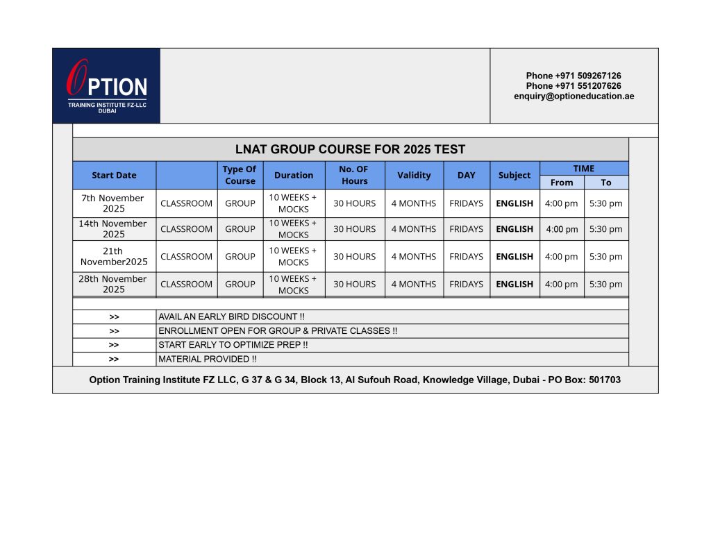 LNAT Group Course 2025 Schedule in Dubai | Option Training Institute